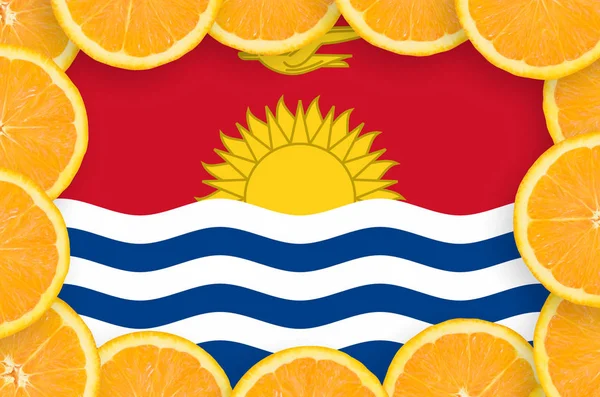 Kiribati flag  in frame of orange citrus fruit slices. Concept of growing as well as import and export of citrus fruits