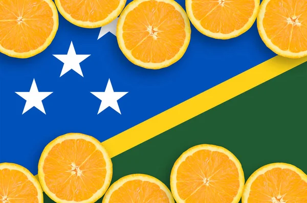 Solomon Islands Flag Horizontal Frame Orange Citrus Fruit Slices Concept — Stock Photo, Image
