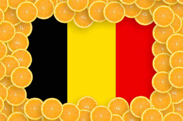 Belgium Zászlaja Keret Narancssárga Citrus Gyümölcs Szelet Koncepció Valamint Behozatali — Stock Fotó