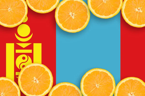 Bandeira Mongólia Quadro Horizontal Fatias Frutas Cítricas Laranja Conceito Cultura — Fotografia de Stock