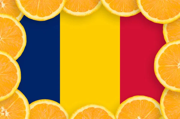 Tchads Flagga Bildrutan Orange Citrus Frukt Skivor Begreppet Växer Samt — Stockfoto
