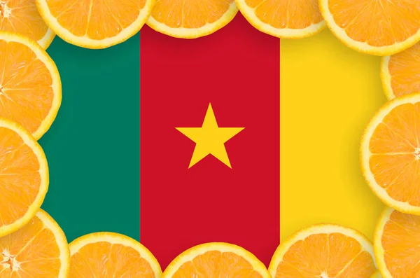 Kamerun Zászlaja Keret Narancssárga Citrus Gyümölcs Szelet Koncepció Valamint Behozatali — Stock Fotó
