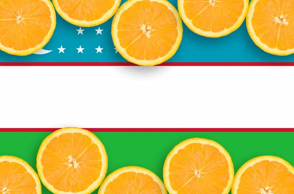 Bandeira Usbequistão Quadro Horizontal Fatias Frutas Cítricas Laranja Conceito Cultura — Fotografia de Stock