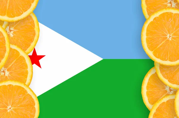 Djibouti Flag Vertical Frame Orange Citrus Fruit Slices Concept Growing — Stock Photo, Image