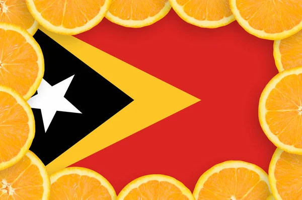 Timor Leste Flag Frame Orange Citrus Fruit Slices Concept Growing — Stock Photo, Image