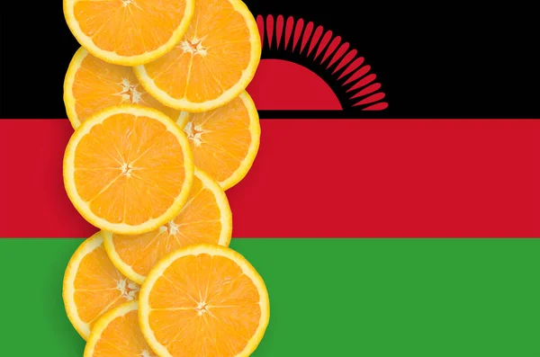 Flaga Malawi Pionowym Rzędzie Plasterki Pomarańczy Owoców Cytrusowych Koncepcja Uprawy — Zdjęcie stockowe