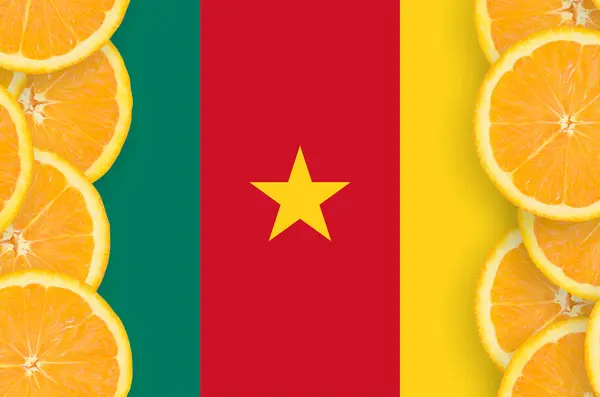 Cameroon Flag Vertical Frame Orange Citrus Fruit Slices Concept Growing — Stock Photo, Image