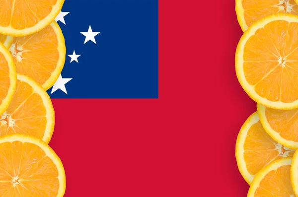 Samoa Flag Vertical Frame Orange Citrus Fruit Slices Concept Growing — Stock Photo, Image