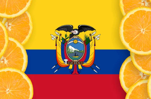 Vlag Van Ecuador Verticale Frame Van Oranje Citrusvruchten Segmenten Concept — Stockfoto