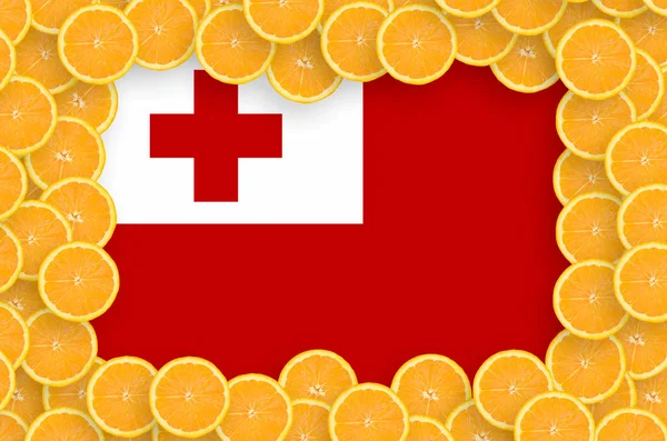Bandeira Tonga Quadro Fatias Frutas Cítricas Laranja Conceito Cultura Bem — Fotografia de Stock