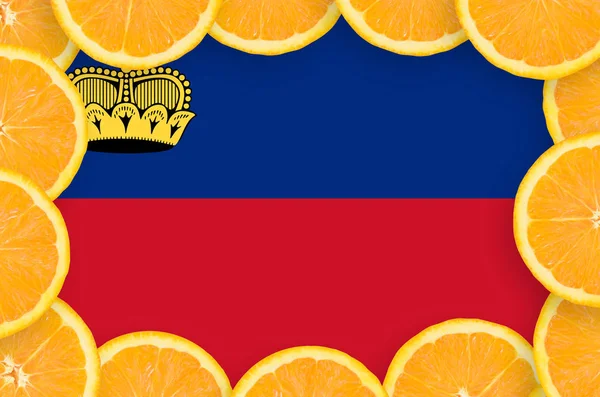 Drapeau Liechtenstein Dans Cadre Tranches Agrumes Orange Notion Culture Ainsi — Photo