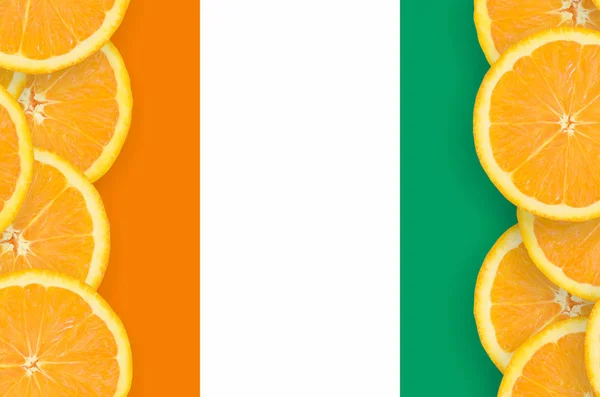 Elfenbenskusten Flagga Vertikal Ram Orange Citrus Frukt Skivor Begreppet Växer — Stockfoto