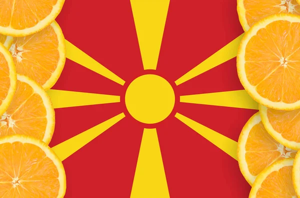 Bandera Macedonia Marco Vertical Rodajas Cítricos Naranjas Concepto Cultivo Así — Foto de Stock