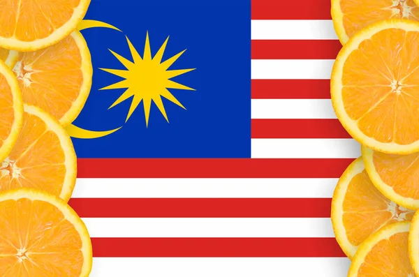 Malaysia Flag Vertical Frame Orange Citrus Fruit Slices Concept Growing — Stock Photo, Image