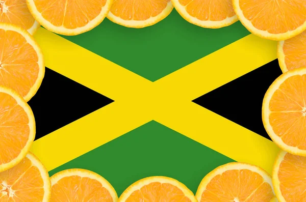 Jamaica Vlajka Rámci Plátky Pomerančové Citrusových Plodů Pojmu Rostoucí Dovoz — Stock fotografie
