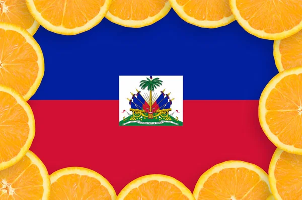 Haiti Flag Frame Orange Citrus Fruit Slices Concept Growing Well — Stock Photo, Image