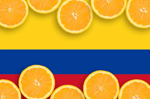 Bandeira Colômbia Quadro Horizontal Fatias Frutas Cítricas Laranja Conceito Cultura — Fotografia de Stock