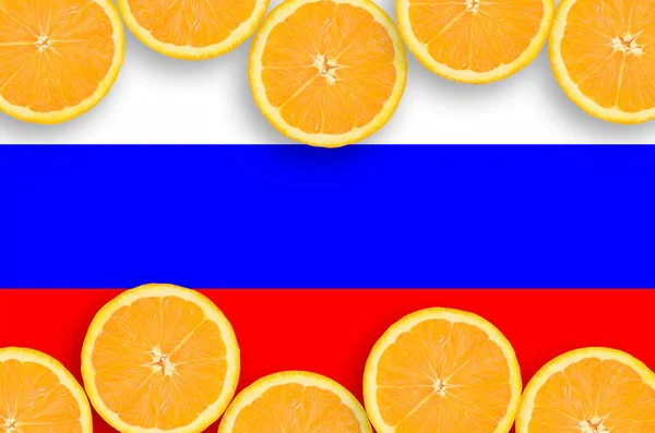 Russia Flag Horizontal Frame Orange Citrus Fruit Slices Concept Growing — Stock Photo, Image