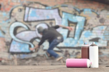 Natürmort birkaç sprey boya sprey kutular, parlak ve renkli grafiti çizim boyanmış bir tuğla duvar arka plan üzerinde kapsayan bir çatı yer alır. Sokak sanatı ile ilgili öğeler