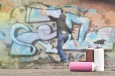 Natürmort birkaç sprey boya sprey kutular, parlak ve renkli grafiti çizim boyanmış bir tuğla duvar arka plan üzerinde kapsayan bir çatı yer alır. Sokak sanatı ile ilgili öğeler