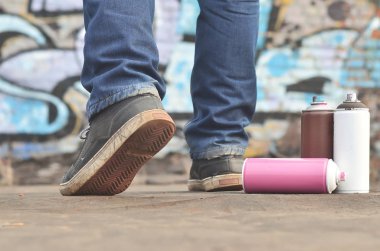 Natürmort birkaç sprey boya sprey kutular, parlak ve renkli grafiti çizim boyanmış bir tuğla duvar arka plan üzerinde kapsayan bir çatı yer alır. Sokak sanatı ile ilgili öğeler