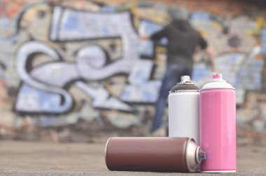 Vandalizm süreci gösterir kavramsal bir görüntü. Genç adam kentin özelliği, yasadışı olarak duvarlarda çeşitli çizim şımartıyor. Bombalama denilen holiganizmi veya grafiti 