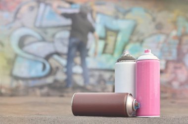 Vandalizm süreci gösterir kavramsal bir görüntü. Genç adam kentin özelliği, yasadışı olarak duvarlarda çeşitli çizim şımartıyor. Bombalama denilen holiganizmi veya grafiti 
