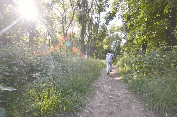 A young guy in a gray sports suit runs along the path among the trees in the forest. Sports jogging outdoors