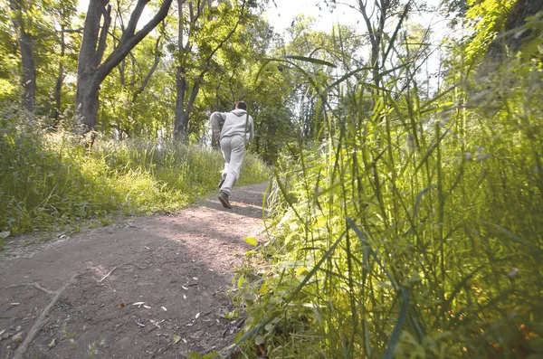 A young guy in a gray sports suit runs along the path among the trees in the forest. Sports jogging outdoors