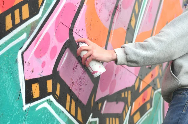 Hand Young Guy Gray Hoodie Paints Graffiti Pink Green Colors — Stock Photo, Image