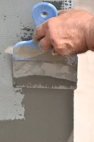 Hands Old Manual Worker Wall Plastering Tools Renovating House Plasterer — Stock Photo, Image