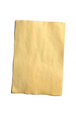 Beyaz izole eski boş parça antika vintage çökmekte kağıt el yazması veya dikey odaklı parşömen