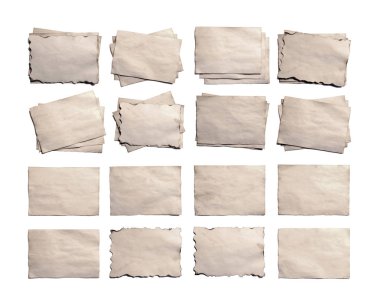 Eski ayarla boş adet antika vintage çökmekte kağıt el yazması veya yatay yönelimli parşömen üzerine beyaz izole