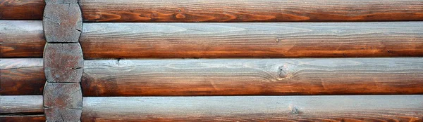 质朴的原木墙水平木材背景 未粉刷的木制原木碎片 房子墙壁纸纹理 — 图库照片