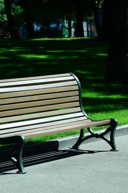 Arka planı yeşil çim yaz parkta boş ahşap Bank