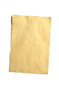 Beyaz izole eski boş parça antika vintage çökmekte kağıt el yazması veya dikey odaklı parşömen