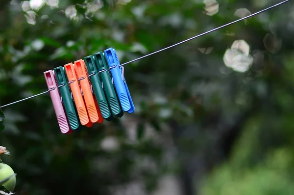 Clothespins Rope Hanging House Apple Tree Blurred Background — Stock Photo, Image