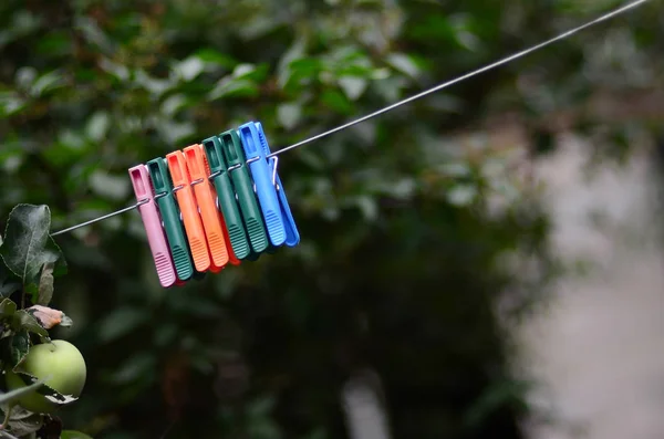 Clothespins Rope Hanging House Apple Tree Blurred Background — Stock Photo, Image