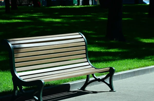 Banc Bois Vide Dans Parc Été Sur Fond Herbe Verte — Photo