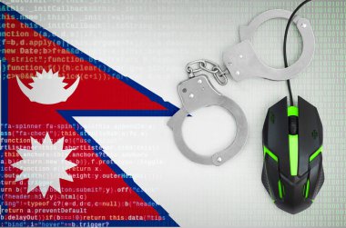 Nepal bayrağı ve kelepçeli modern sırt bilgisayar fare. Bilgisayar suç, bilgisayar korsanları ve korsanlıkla mücadele yaratıcı kavramı