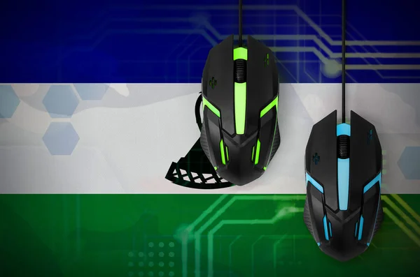 Lesotho flag  and two modern computer mice with backlight. The concept of online cooperative games. Cyber sport team