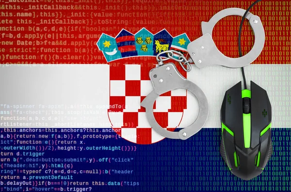 Croatia flag  and handcuffed modern backlit computer mouse. Creative concept of combating computer crime, hackers and piracy