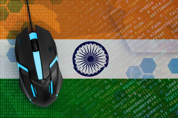 India Bandiera Moderno Mouse Del Computer Retroilluminato Concetto Minaccia Digitale — Foto Stock