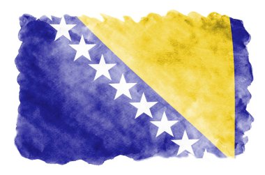Bosna-Hersek bayrağı sıvı suluboya tarzında beyaz arka plan üzerinde izole tasvir edilir. Ulusal bayrak görüntüsü ile dikkatsiz boya gölgelendirme. Bağımsızlık günü afiş