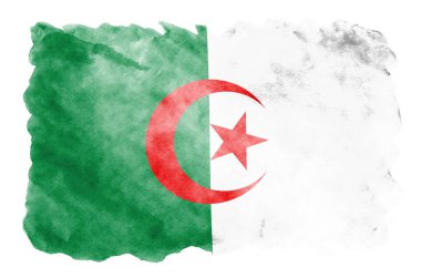 Cezayir bayrağı sıvı suluboya tarzında beyaz arka plan üzerinde izole tasvir edilir. Ulusal bayrak görüntüsü ile dikkatsiz boya gölgelendirme. Bağımsızlık günü afiş