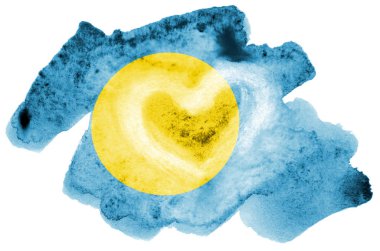 Palau bayrak beyaz arka plan üzerinde izole sıvı suluboya tarzında resmedilmiş. Ulusal bayrak görüntüsü ile dikkatsiz boya gölgelendirme. Bağımsızlık günü afiş