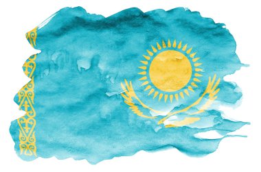 Kazakistan bayrağı sıvı suluboya tarzında beyaz arka plan üzerinde izole tasvir edilir. Ulusal bayrak görüntüsü ile dikkatsiz boya gölgelendirme. Bağımsızlık günü afiş