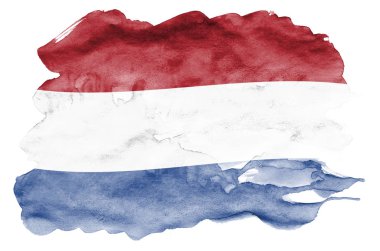 Hollanda bayrağı sıvı suluboya tarzında beyaz arka plan üzerinde izole tasvir edilir. Ulusal bayrak görüntüsü ile dikkatsiz boya gölgelendirme. Bağımsızlık günü afiş