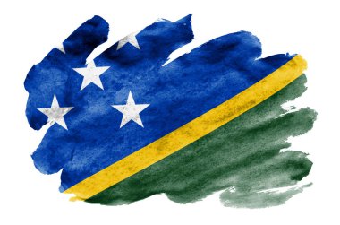 Solomon Adaları bayrağı sıvı suluboya tarzında beyaz arka plan üzerinde izole tasvir edilir. Ulusal bayrak görüntüsü ile dikkatsiz boya gölgelendirme. Bağımsızlık günü afiş