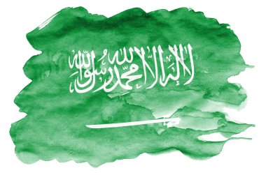 Suudi Arabistan bayrağı sıvı suluboya tarzında beyaz arka plan üzerinde izole tasvir edilir. Ulusal bayrak görüntüsü ile dikkatsiz boya gölgelendirme. Bağımsızlık günü afiş
